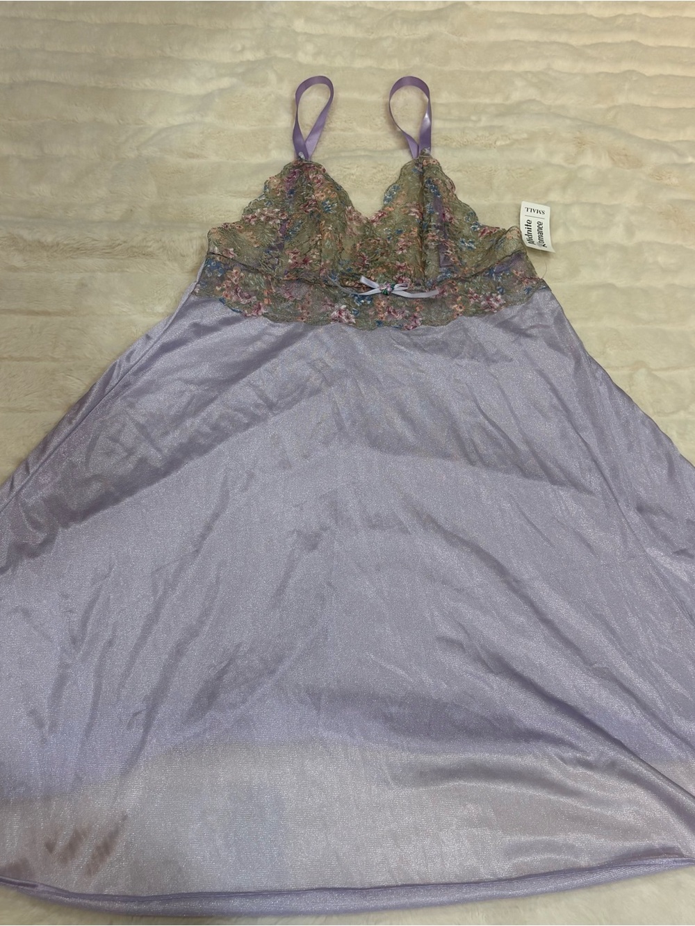 Lavender Lace-Trim Satin Slip with Floral Bodice - Unbranded